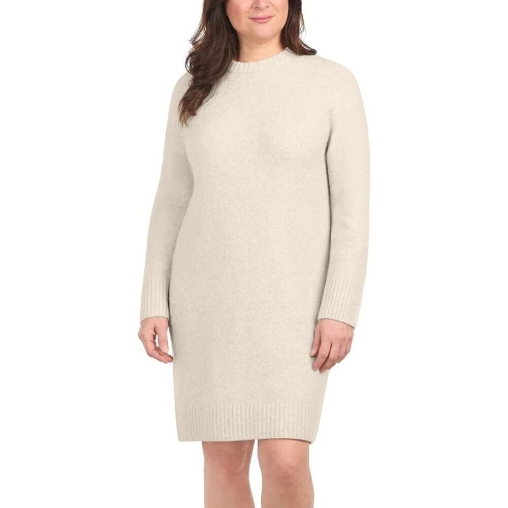 Dalia Women's Beige Knit Sweater Knee Dress L Long Sleeve Crew Neck N0333